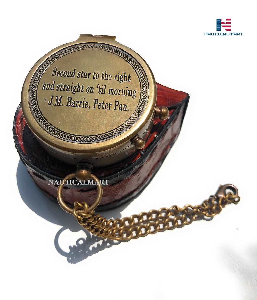 Second Star to The Right J. M. Barrie, Peter Pan Engraved Brass Compass Directional Compass Magnetic Pocket Personalized Gift for Camping, Hiking and Touring