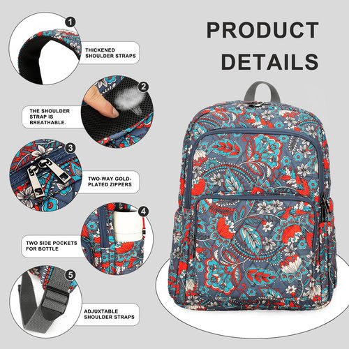 Searock Quilted Backpack for Women, Floral Backpack for Girls, Cotton Lightweight Bookbag for Travel, Work Orange