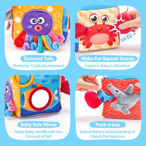Hahaland Baby Tissue Box Toy - Montessori Sensory Toy for 6-12 Months with Textured Tails & Crinkle Tissues