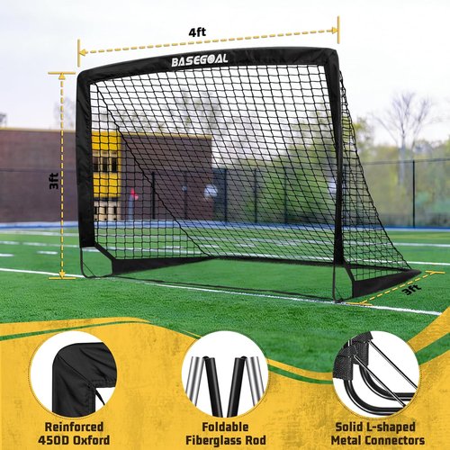 BaseGoal Soccer Goals - Portable 4x3ft Pop-Up Soccer Nets for Kids | Set of 2 with Accessories