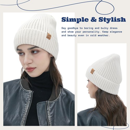 ACUSHLA Waterproof Windproof Cuff Beanie for Men & Women - Fleece-Lined Thick Warm Knitted Winter Hat for Cold Weather Unisex Heavyweight Watch Cap, Creamy White