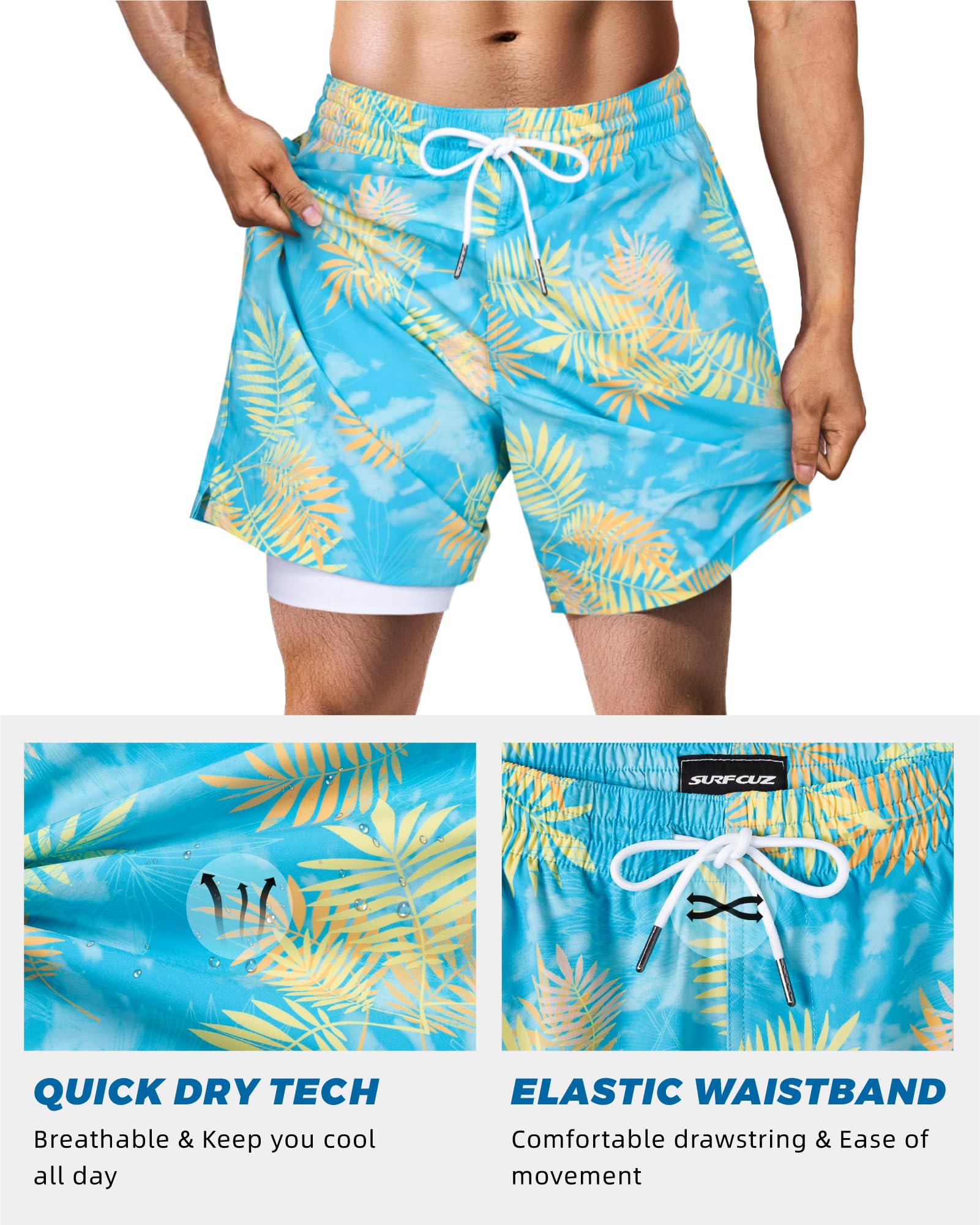 SURF CUZ Mens Swim Trunks with Compression Liner Quick Dry Swim Shorts 7" Swimming Trunks Stretch Zipper Pockets Blue Yellow Leaves Medium