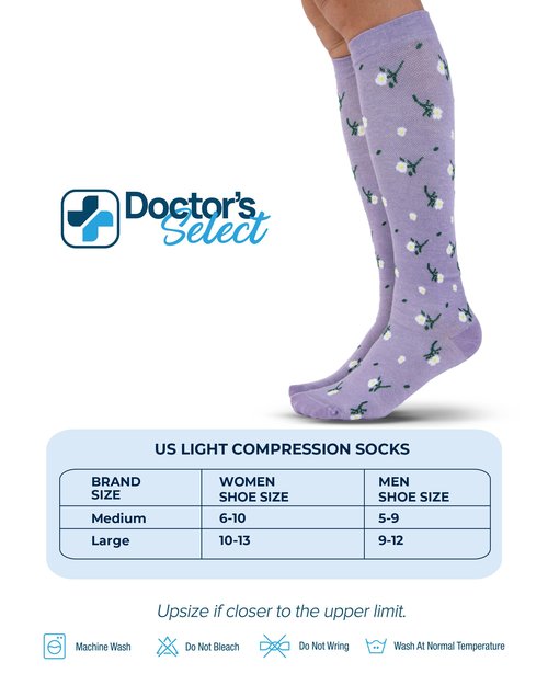 Doctor's Select Light Compression Socks for Women & Men - 3 Pairs, Knee High Comfort and Support, 8-15 mmHg Compression Socks Women, Flowers (Lilac, Black, Gray)