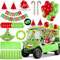 Soulchen 73 Pcs Green Christmas Golf Cart Decorations Elf Xmas Themed Decor Kit Red Green Balloons Foil Tinsel Elf Backdrops Curtain Light String for Christmas Golf Cart Party Supplies Decor