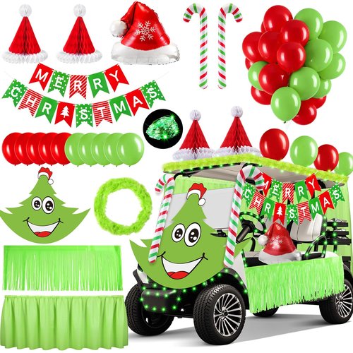 Soulchen 73 Pcs Green Christmas Golf Cart Decorations Elf Xmas Themed Decor Kit Red Green Balloons Foil Tinsel Elf Backdrops Curtain Light String for Christmas Golf Cart Party Supplies Decor