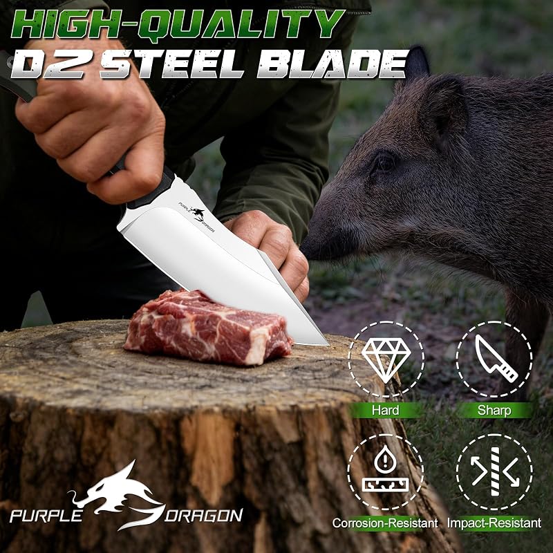 Purple Dragon 4.8 Inch Outdoor Skinner Knife - Drop Point D2 Steel, Full-Tang, G10 Handle
