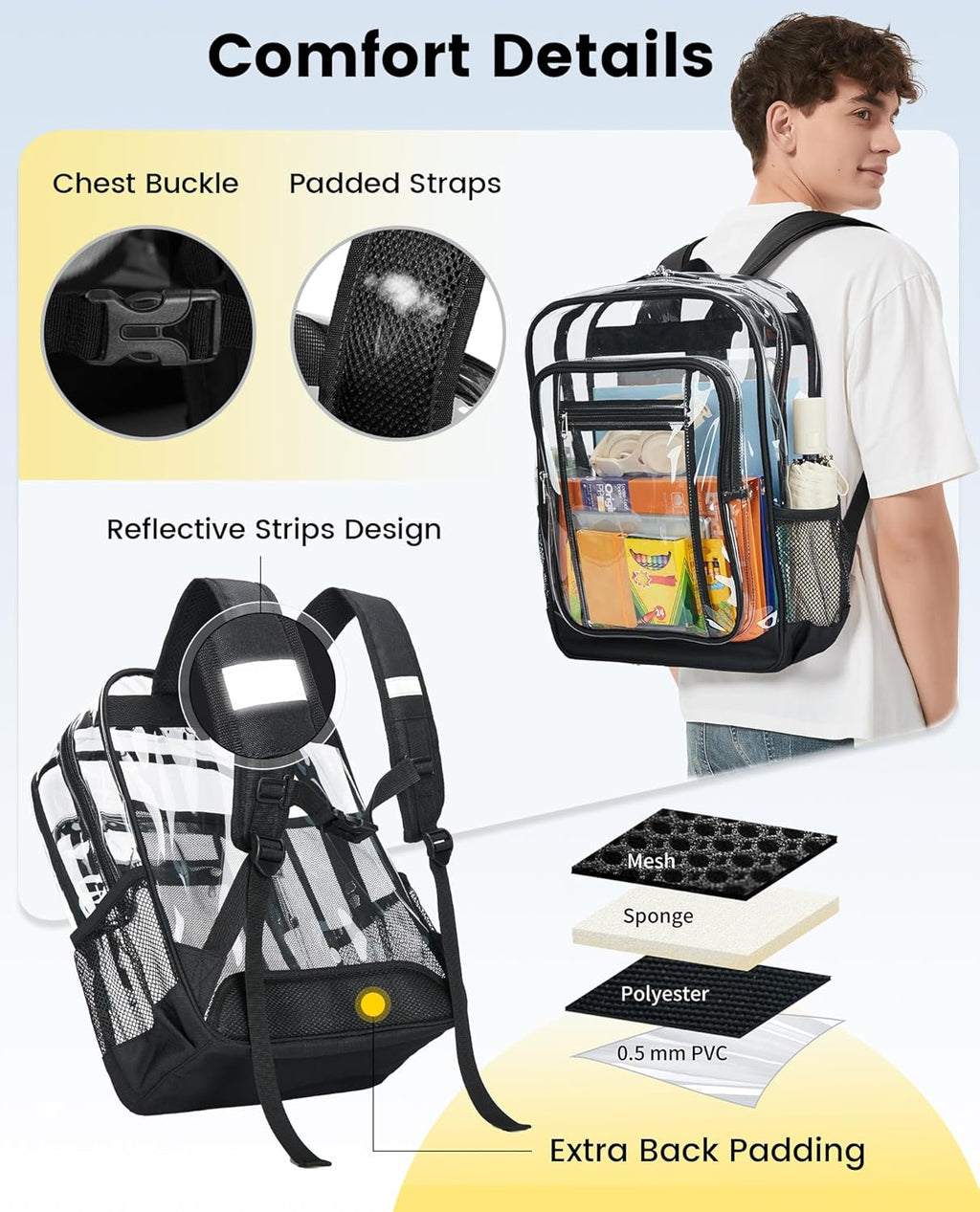 Vorspack Clear Backpack - Heavy Duty Extra Large Transparent Bookbag with TSA Lock | Black for College & Travel