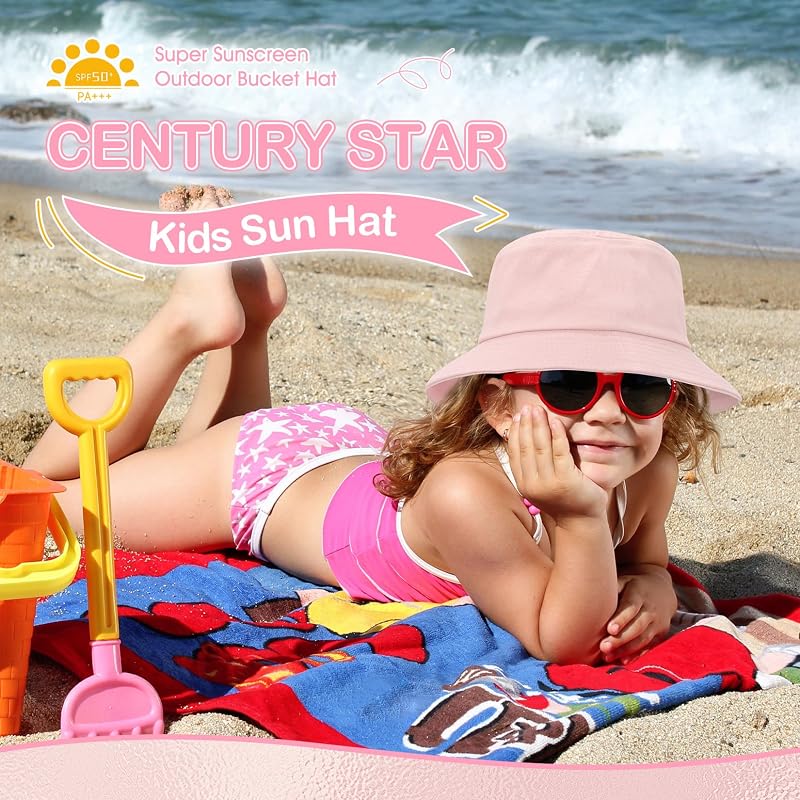 Kids Sun Hat Bucket Style UPF 50+ Pink 4-8 Years Packable Cotton