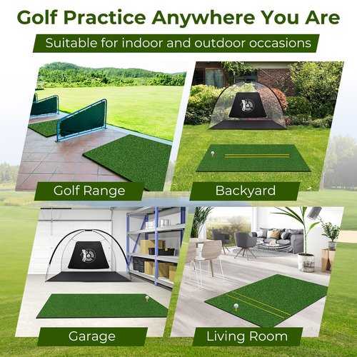GYMAX Golf Mat, Artificial Turf Golf Hitting Mat w/ 2 Alignment Sticks & 2 Rubber Tees, Thick Golf Practice Mat Training Aid for Backyard, Golf Chipping Swing Mat for Indoor/Outdoor (5 x 3 ft, 32 mm)