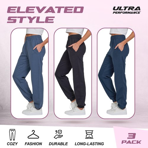 Ultra Performance Womens Sweatpants 3 Pack Cotton Joggers Women's Fleece Sweats Gym & Workout Pants for Women