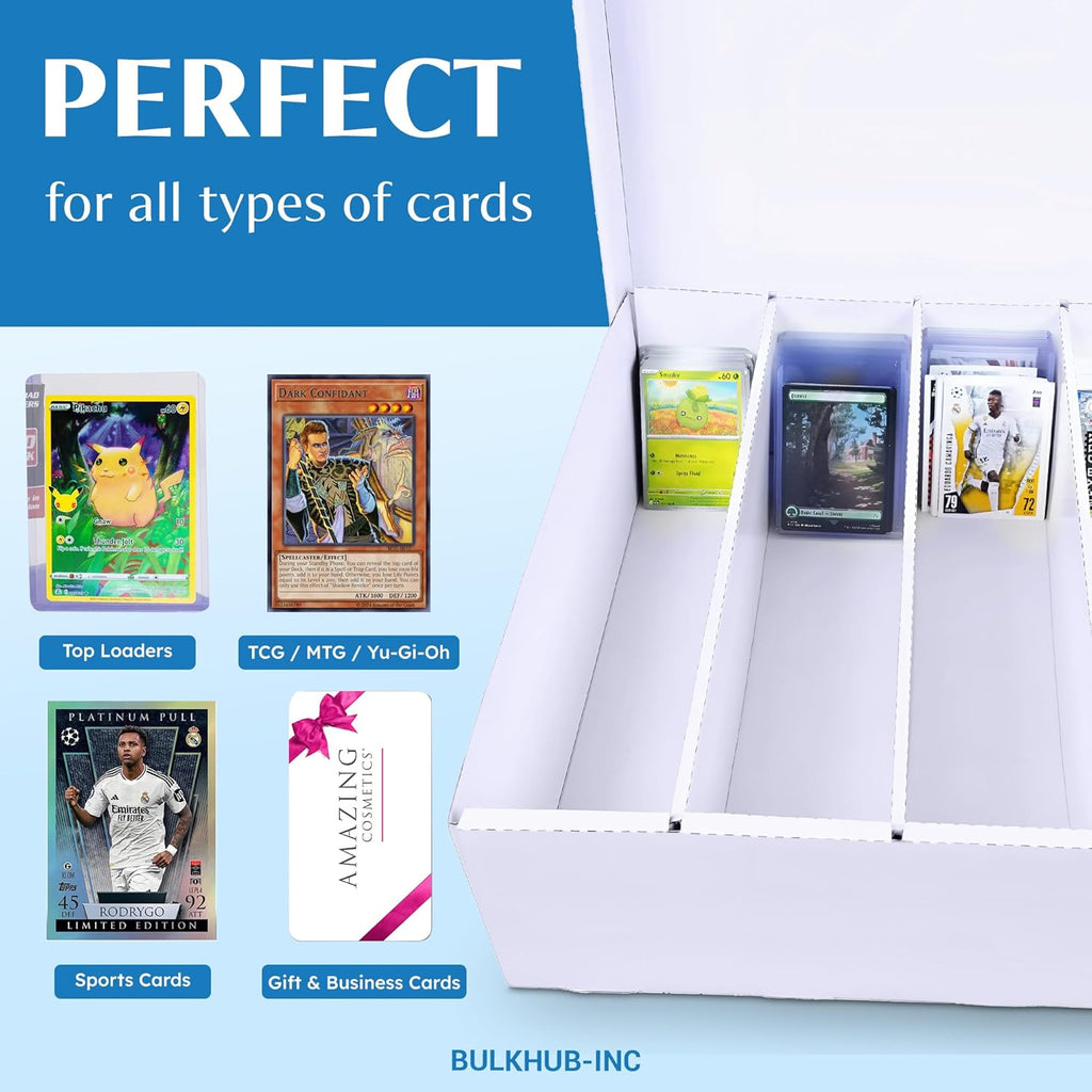 Trading Card Storage Box 3200 Count - Cardboard Organizer for Sports & TCG Cards - White with Dividers