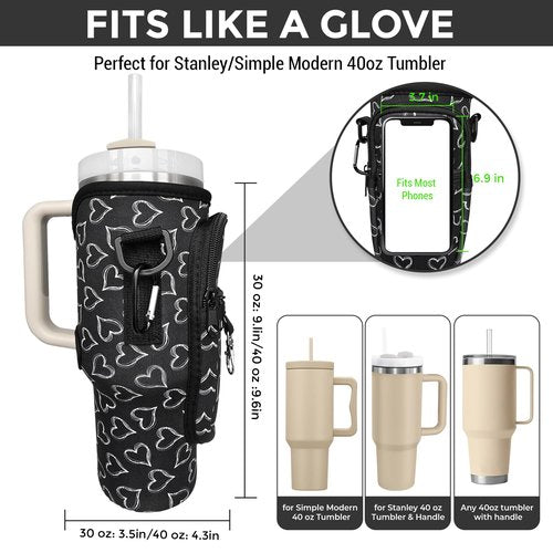 Stanley Cup 40oz Tumbler Crossbody Bag with Adjustable Strap, Zipper Pocket and Key Holder (Heart Print)
