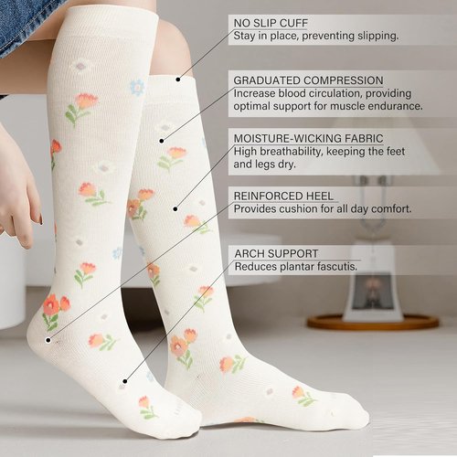 LEVSOX Bamboo Compression Socks - 20-30 mmHg Knee High Support for Pregnant Women | Cute Travel Design