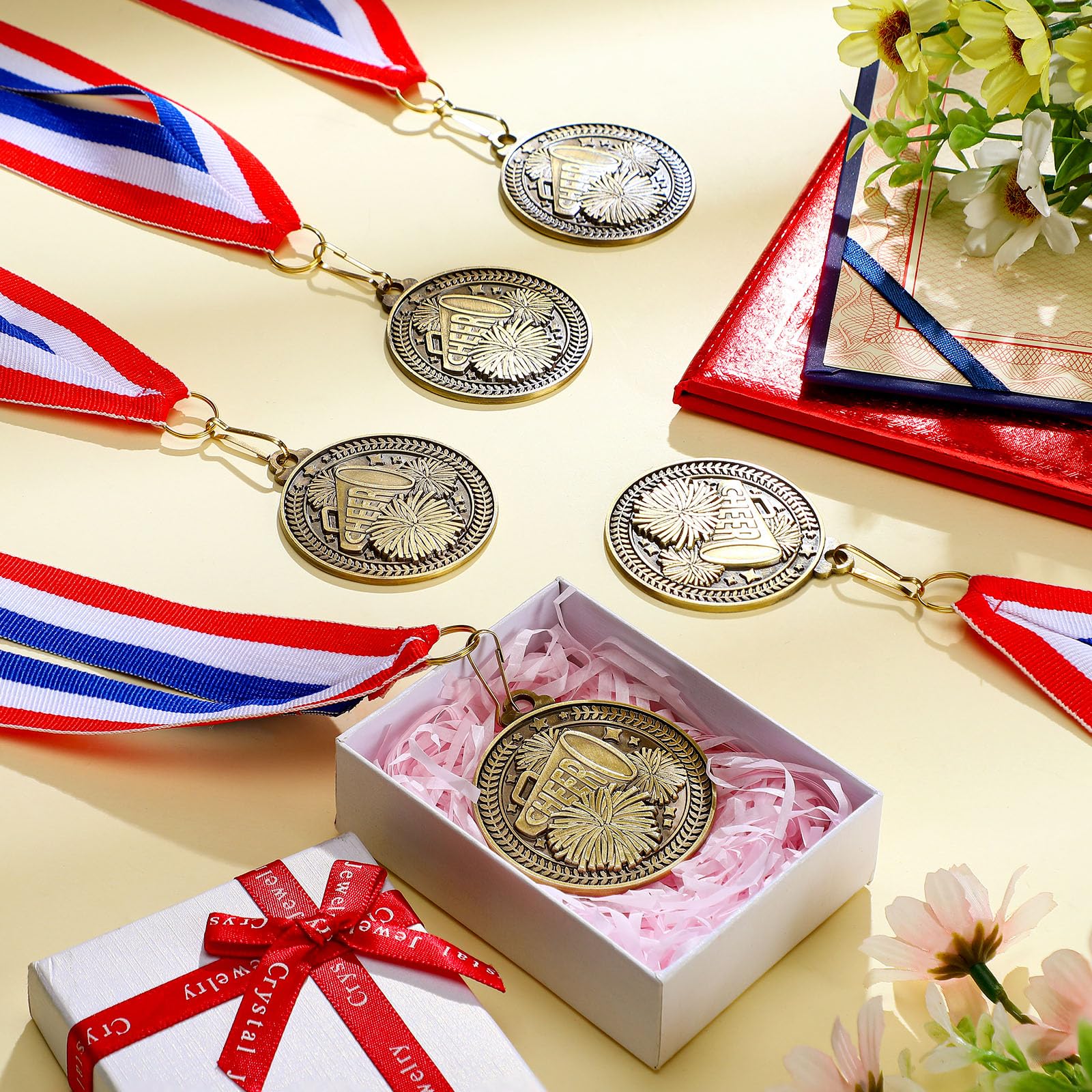 Remuuly 60 Pcs Gold Award Medals 2 Inch Soccer Baseball Volleyball Football Cheer Trophy Medals Metal Awards Bulk with Neck Ribbons Trophy Prize Gifts for Sports Competitions(Cheer)