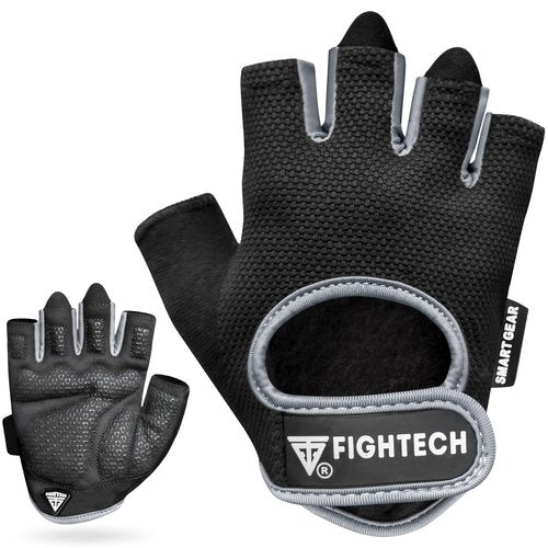 FIGHTECH Workout Gloves for Men and Women | Fingerless Weight Lifting Gym Gloves (Large, Black/Gray)
