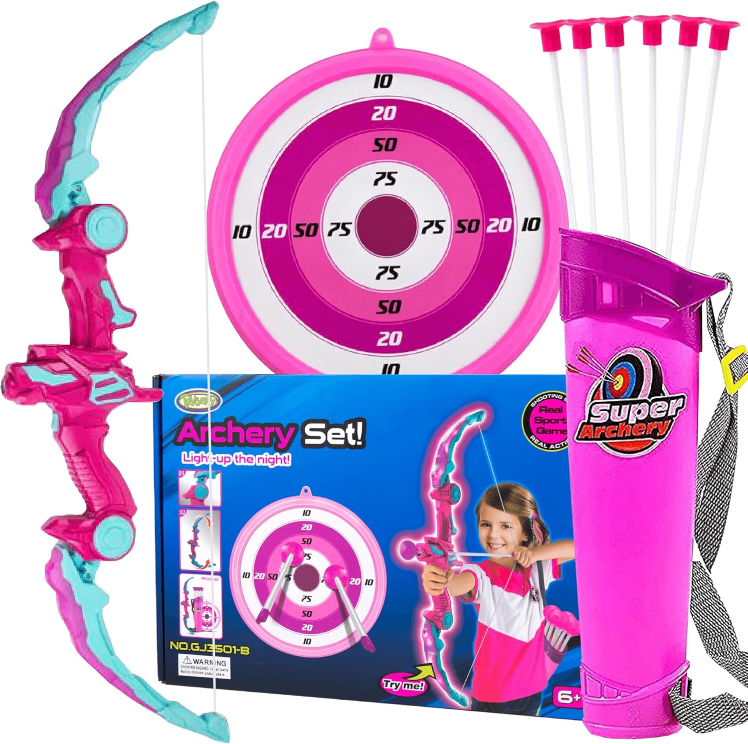 Toysery Kids Archery Set - LED Bow and Arrow Set for Ages 6-8, Includes 6 Arrows, Target & Quiver