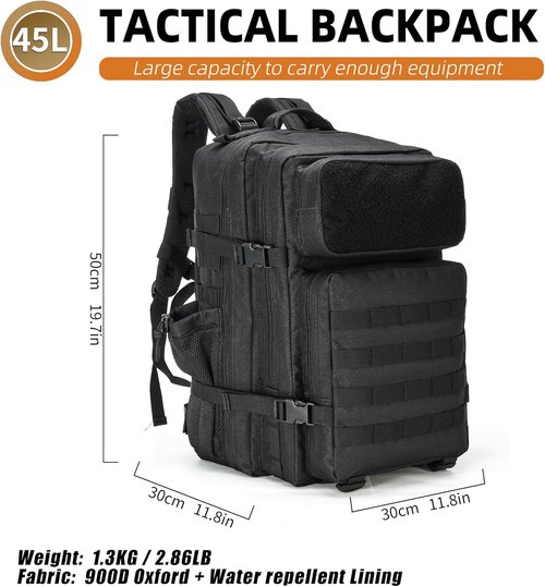 Gracedon Military Tactical Backpack - 45L Assault Pack for Travel & Hiking | Black Daypack for Men & Women