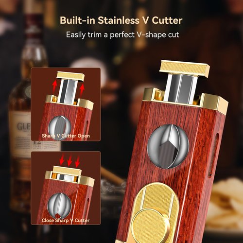 All-in-One Triple Torch Lighter, Built-in V Cutter, Holder, Adjustable Windproof Jet Flames Lighter, Refillable Butane Design, Ideal Gift for Men with Gift Box (Butane not Included)