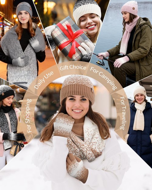 AWAYTR Winter Hat Gloves Scarf Set for Women, 3 Pcs Knit Beanie Touchscreen Gloves Long Scarf Cold Weather Set, Khaki
