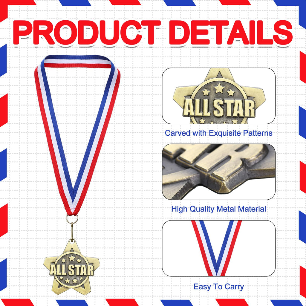 Quelay 30 Pcs 2 Inches Student Award Medals Bulk Awards Medal with Neck Ribbons Metal Trophy Prize Gift for Tournaments, Competitions, Party, Kids and Adults(All Star Medals)