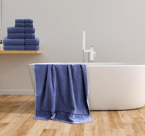 COTTON CRAFT 6 Piece Set - 100% Cotton Bathroom Towels - Soft Absorbent Sculpted Jacquard Velour Decorative - 550 GSM Luxury Guest - 2 Bath, 2 Hand, 2 Washcloth - Blue