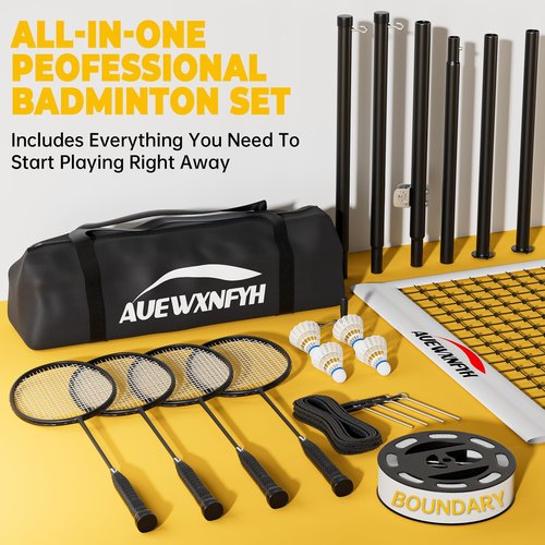 AUEWXNFYH Professional Badminton Set for Backyard: Width-Adjustable Net (20/16/13ft) with Stainless Steel Winch, 1.26" Aluminum Poles, 4 Carbon Composite Rackets (28lbs), Boundary Line & Carry Bag