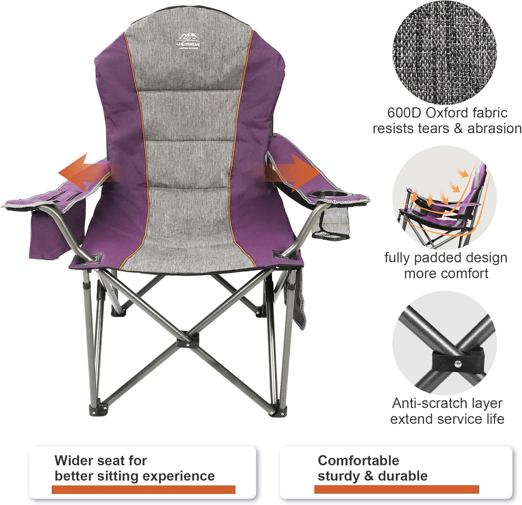 Skiennix High Back Folding Camping Chair - Heavy Duty with Cup Holder & Cooler Bag | Purple