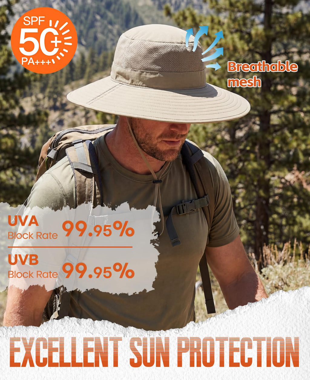 Home Prefer UPF50+ Mens Sun Hat Wide Brim Fishing Hat Foldable Large Brim UV Protection Sun Hat for Men Women Beach Gardening (Khaki)