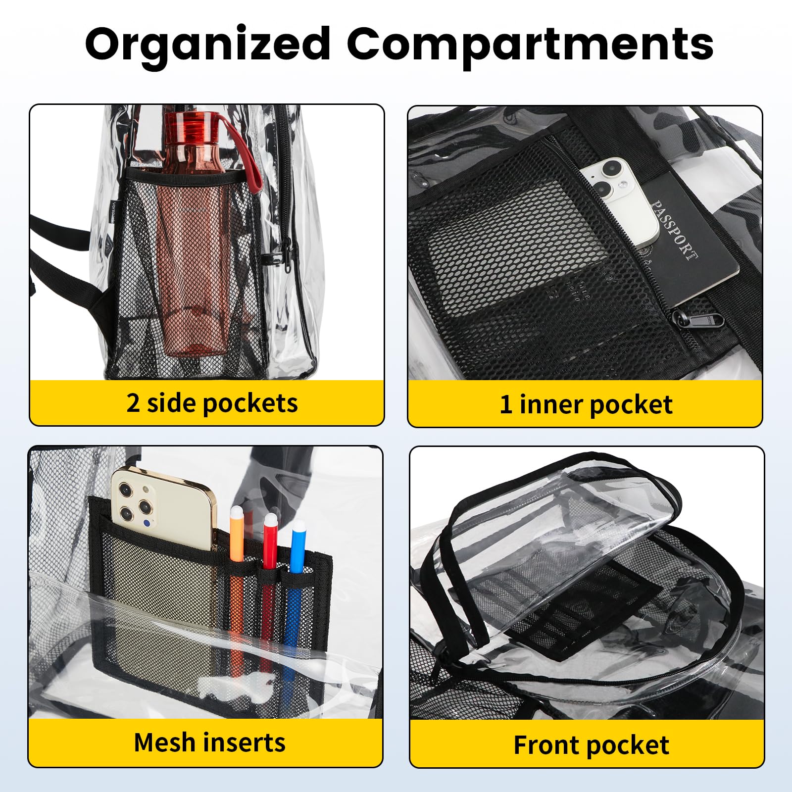 Vorspack Clear Backpack Heavy Duty PVC Transparent Backpack Extra Large Clear Backpacks with Reinforced Strap for College Workplace Security - Black