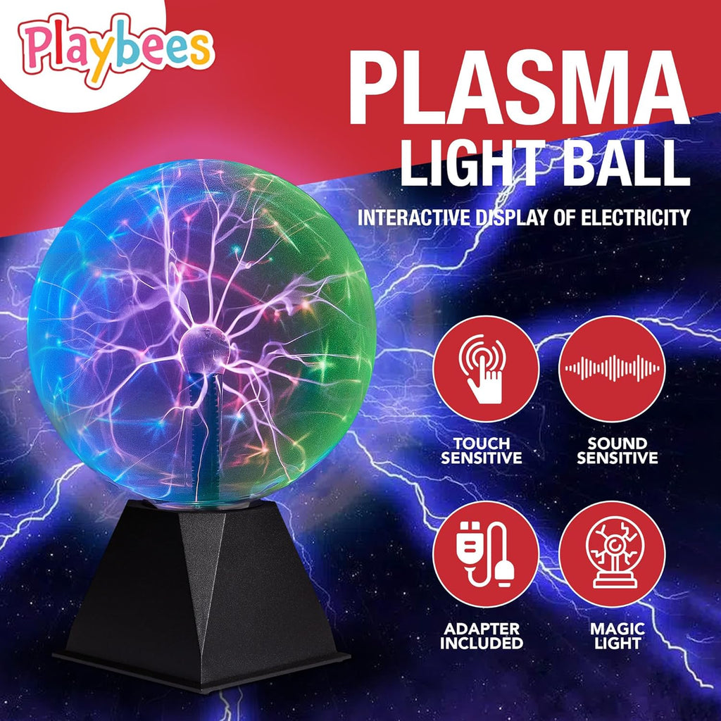 Playbees Plasma Ball 7-Inch - Colorful Tesla Coil Globe with Multicolor Lightning Effects for STEM Learning & Parties