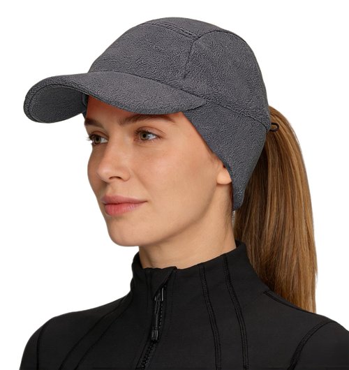 Connectyle Warm Fleece Beanie with Visor & Ear Warmer Windproof Cold Weather Skull Cap Ponytail Hat for Women Dark Grey