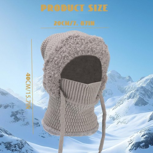 3 in 1 Beanie Hat for Women, Winter Fleece, Lined Thick Knitted Set with Scarf and Mask, Winter Hat with Built in Scarf, Thermal Insulation Ski Kit Grey