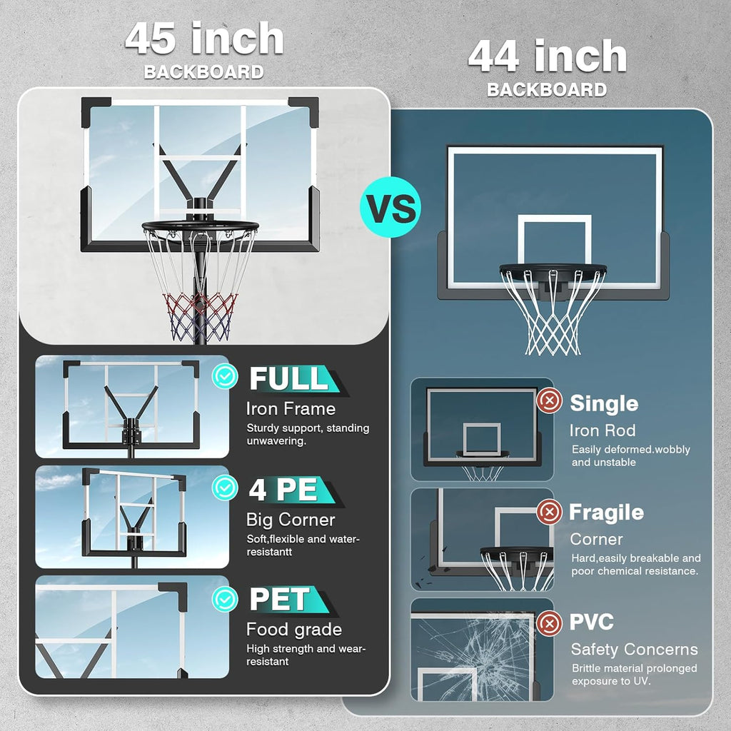 Skiennix Basketball Hoop - 10FT Height Adjustable with 45-Inch Shatterproof Backboard | Portable for Backyard & Indoor Use