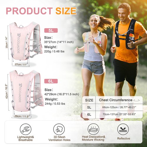 BECOJADDE Running Vest Hydration Backpack with One 1.5L Water Bag for Men Women, 5L Lightweight Running Backpack Hydration for Marathon, Trail, Cycling, Hiking, Jogging Pink