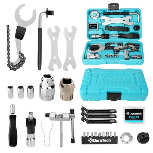 DURATECH 31 Pieces Bicycle Tool Kit, Complete Bike Repair Kit with Storage Box, Mountain Bike Repair Tools, for Mountain, Road, and Park Bicycle with Chain Riveter, Tire Levers, Crank Puller