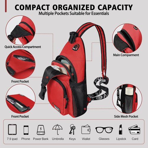 Geestock Convertible Sling Bag - Lightweight Crossbody Backpack with Headphone Hole | Fits 7.9" Tablet, Red