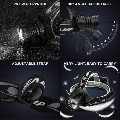Rechargeable Headlamp, 3000 Lumens LED Super Bright Head Lamp with 5 Lighting Modes, USB Rechargeable, 90°Adjustable, Waterproof, Bright Headlamp for Adults Camping Biking Running(Βattery Included)