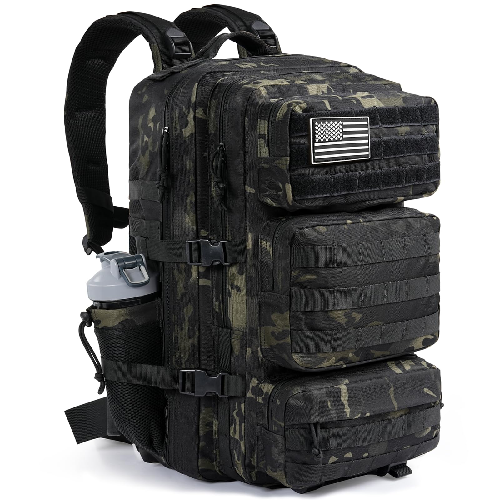 kookoomia Military Tactical Backpack 50L Large Day Backpack for Men Molle Army 3 Days Assault Pack Bug Out Bag Water Resistant and Heavy Duty Hiking Treeking Rucksack - Black Camo