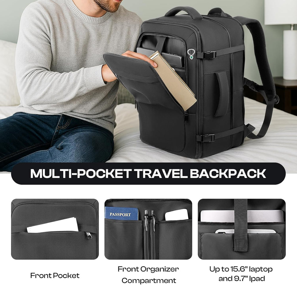 Skiennix Extra Large 55L Carry-On Backpack - TSA Approved, Expandable & Water Resistant for 18.4" Laptops | Black