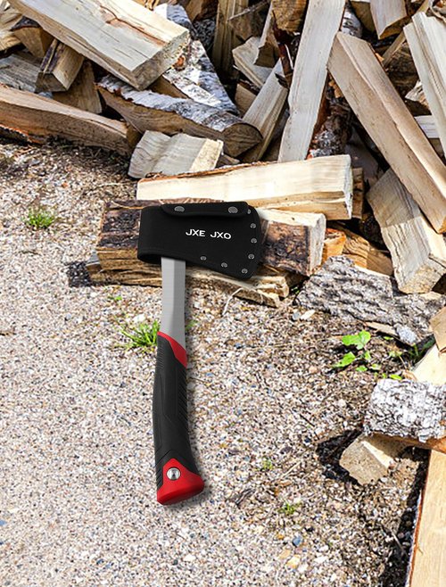 JXE JXO 14.4" Camping Hatchet with Full Tang Forged Construction & Ergonomic Shock Absorbing Grip, Hatchet Axe with Nylon Sheath (Red