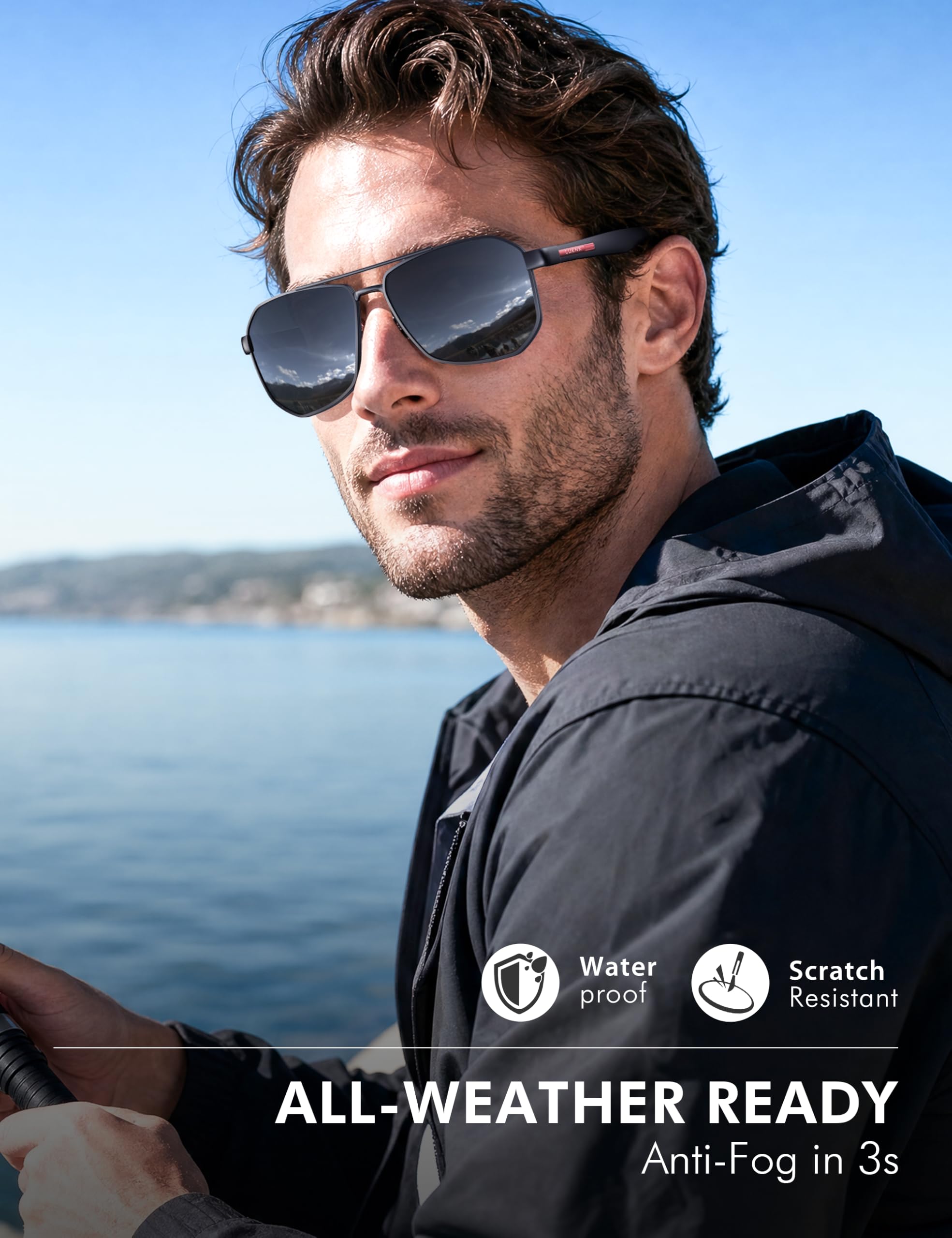 LUENX Aviator Sunglasses for Men Square Polarized Polygon Lens - UV 400 Protection with Accessories Driving Outdoor
