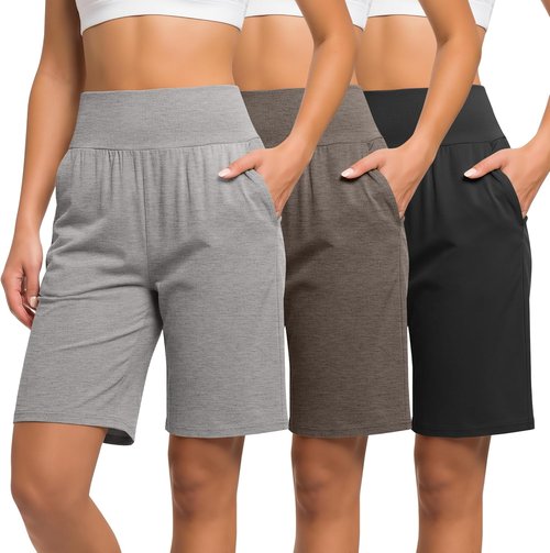 Neer Women's Bermuda Shorts - High Waist Stretch Casual Knee-Length Athletic Shorts with Pockets | 3 Pack