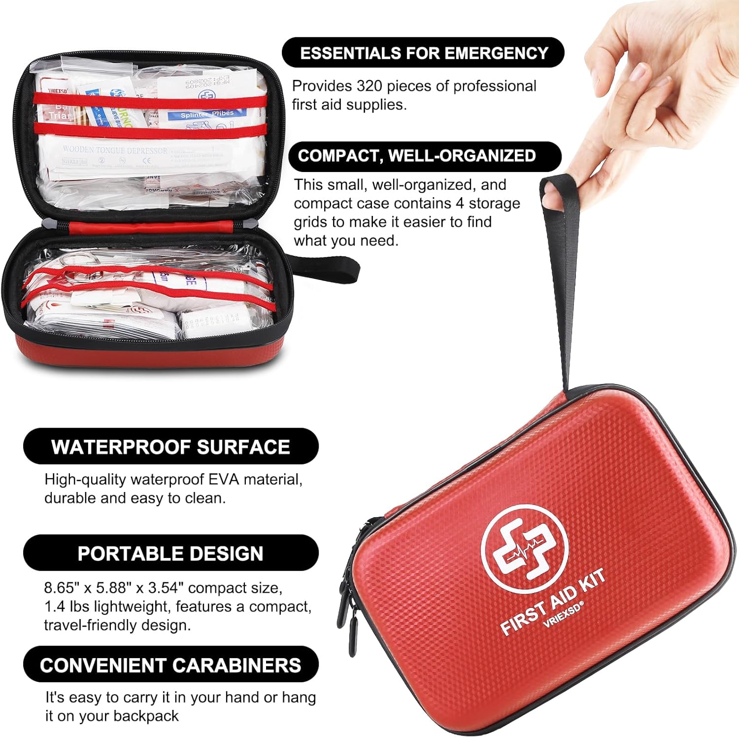 VRIEXSD Premium First Aid Kit - 320-Piece Waterproof Hard Shell for Home, Camping, Travel & Emergencies - Red