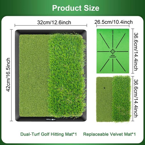 TROLLBIRD Dual-Turf Golf Hitting Mat with Replaceable Velvet Mat Golf Training Accessories for Swing Path Feedback 12.6"x16.5" Golf Practice Trainer Matt for Men Women Kids