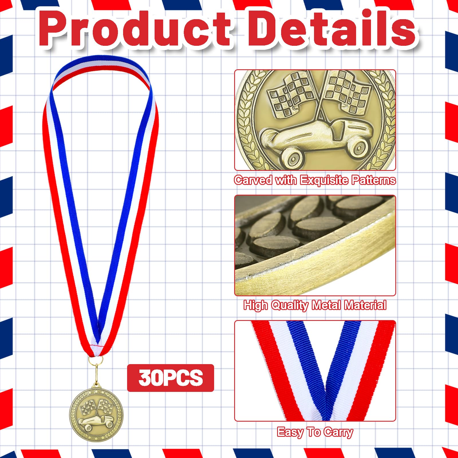 Remuuly 30 Pcs Award Medals Bulk 2'' Gold Trophy Award Winner Metal First Place with Neck Ribbons Prize Gift for Tournaments Match Sports Competition Teams Adult (Race Car Derby)