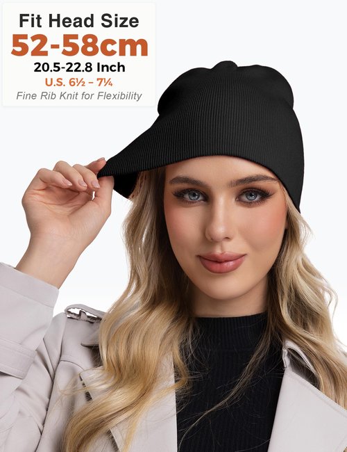 100% Cotton No Cuff Beanie Hat for Men Women, Cuffless Soft Warm Unisex Ribbed Knit Winter Fisherman Skull Cap, Black