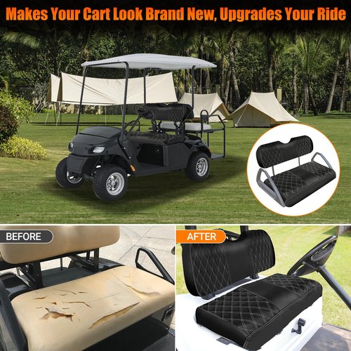 F FINEC 4PCS Waterproof Leather Golf Cart Seat Covers Compatible with EZGO TXT 1994-2013 Front & Aftermarket Rear Seat Kits | Beige Stitching | No Staple Installation