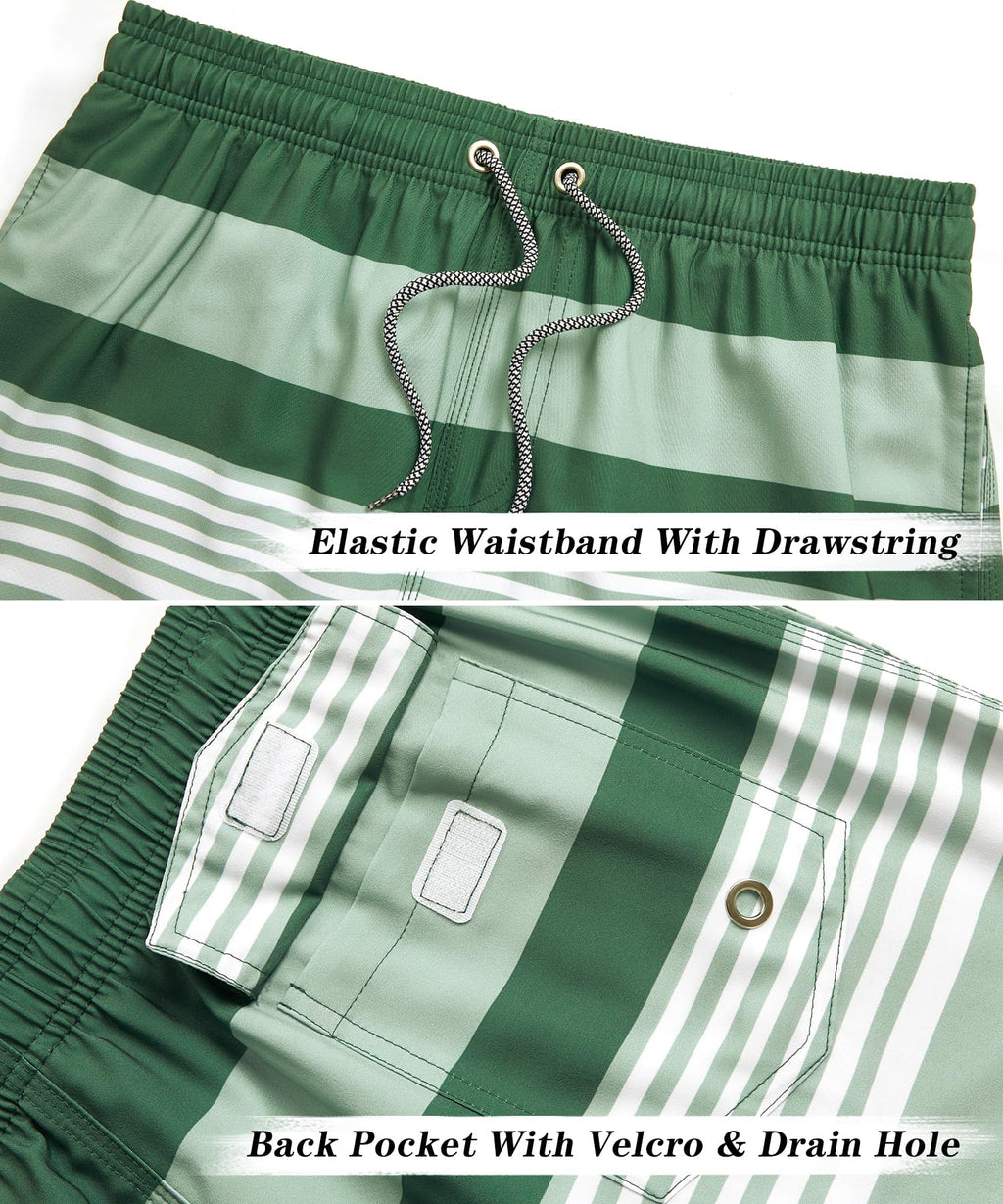 ELETOP Men's Swim Trunks Quick Dry Bathing Suit Swimming Board Shorts Mesh Lining Beach Swimwear Stripe Green White XL