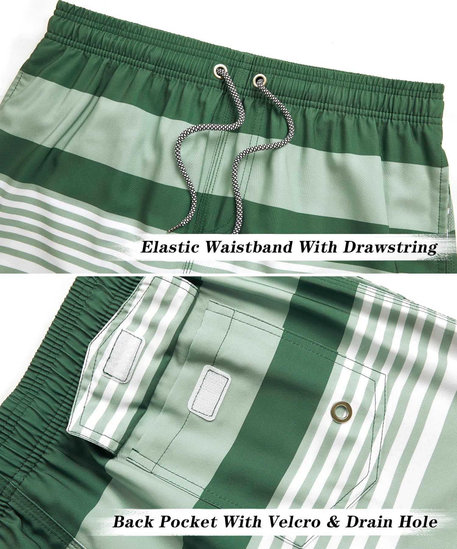 ELETOP Men's Swim Trunks Quick Dry Bathing Suit Swimming Board Shorts Mesh Lining Beach Swimwear Stripe Green White XL
