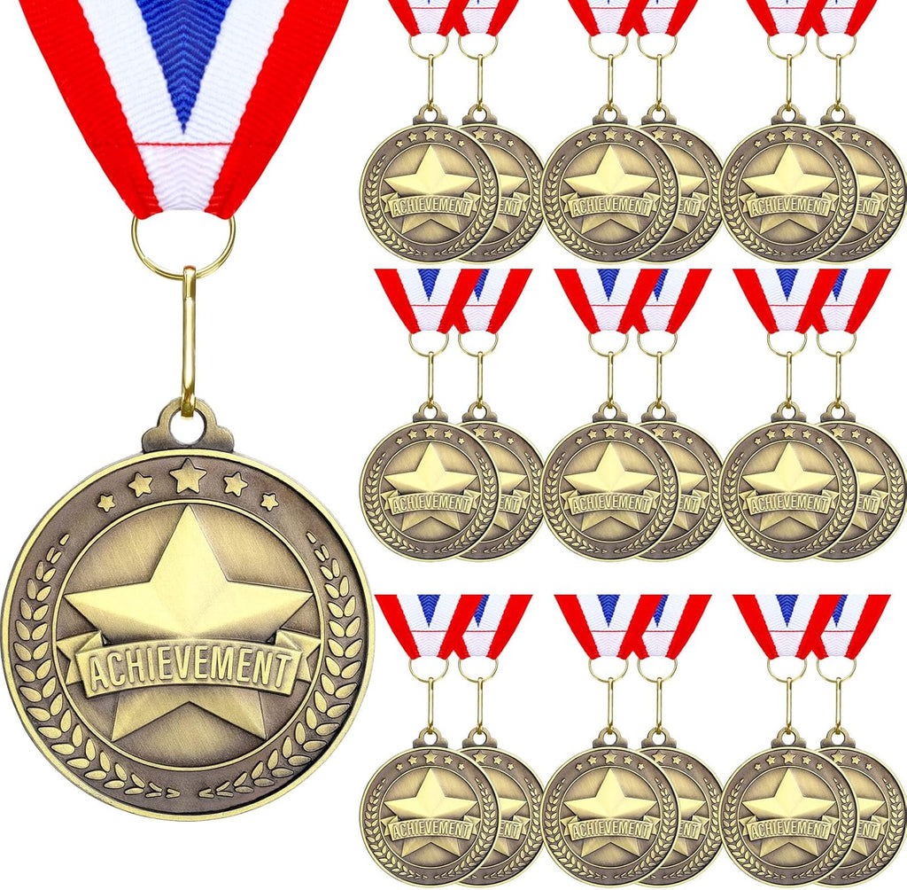 Quelay 20 Pcs Gold Award Medals - 2'' Metal Trophies with Neck Ribbons for Competitions & Events